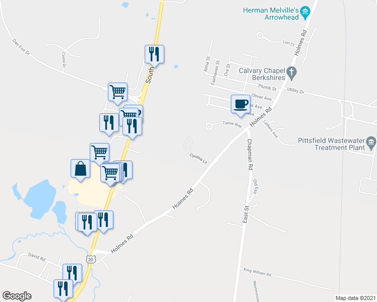 map of restaurants, bars, coffee shops, grocery stores, and more near 98 Cynthia Ln in Pittsfield