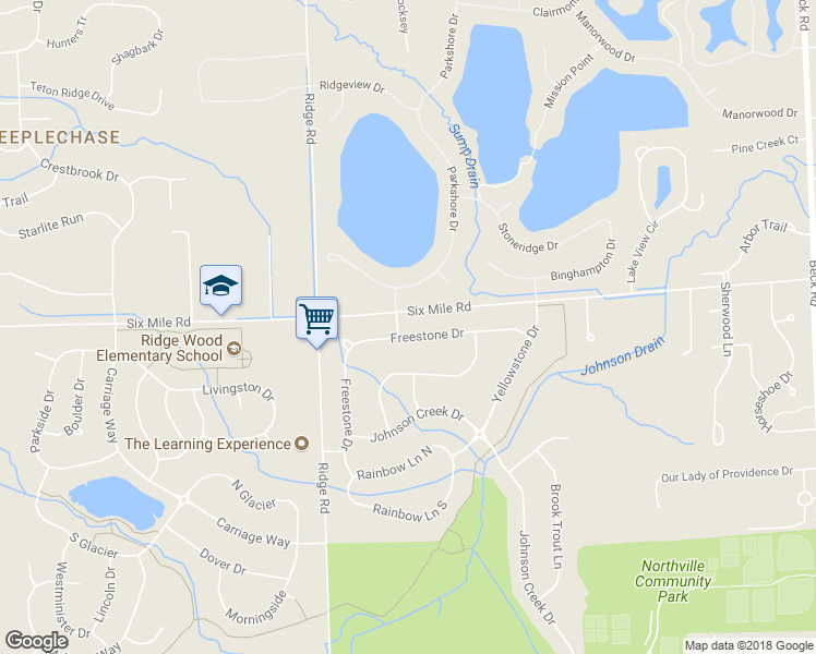map of restaurants, bars, coffee shops, grocery stores, and more near 48892 Freestone Drive in Northville
