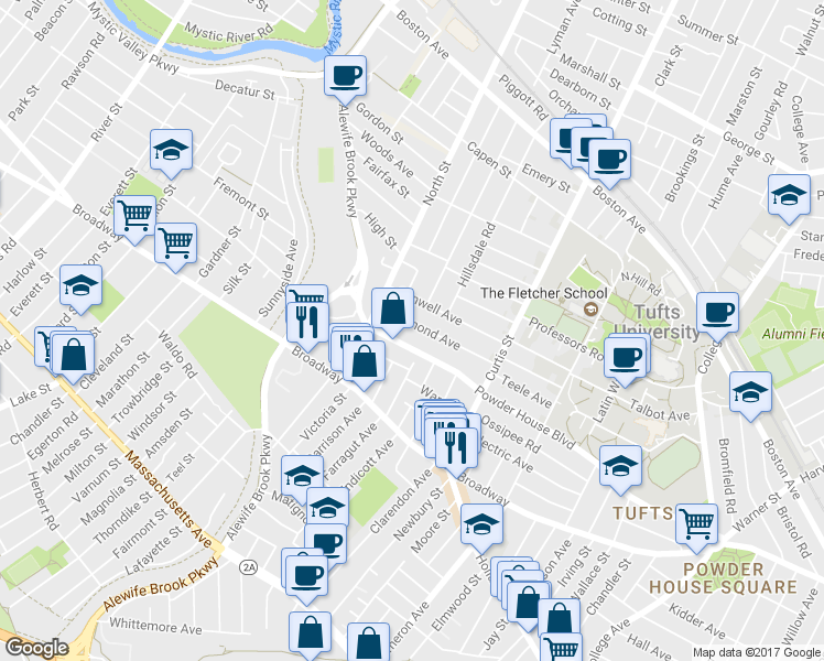 map of restaurants, bars, coffee shops, grocery stores, and more near 210 Powder House Boulevard in Somerville