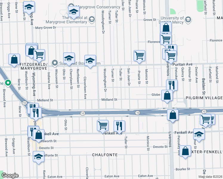 map of restaurants, bars, coffee shops, grocery stores, and more near 15830 Woodingham Drive in Detroit