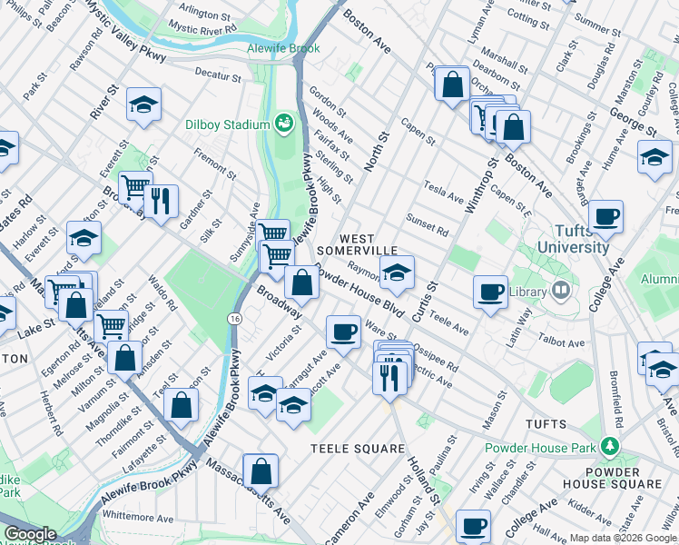 map of restaurants, bars, coffee shops, grocery stores, and more near 66 North Street in Somerville