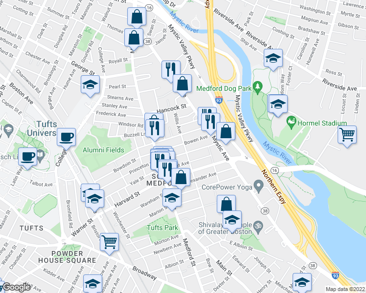 map of restaurants, bars, coffee shops, grocery stores, and more near 53 Bowen Avenue in Medford