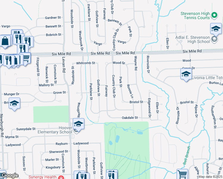 map of restaurants, bars, coffee shops, grocery stores, and more near 16532 Country Club Drive in Livonia