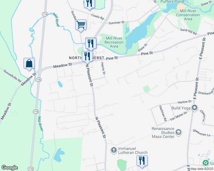 map of restaurants, bars, coffee shops, grocery stores, and more near 47 Fisher Street in Amherst