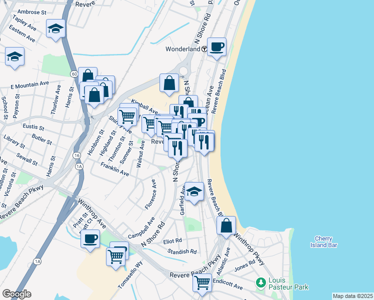 map of restaurants, bars, coffee shops, grocery stores, and more near 1510 North Shore Road in Revere