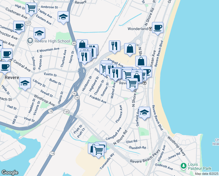 map of restaurants, bars, coffee shops, grocery stores, and more near 90b Shirley Avenue in Revere