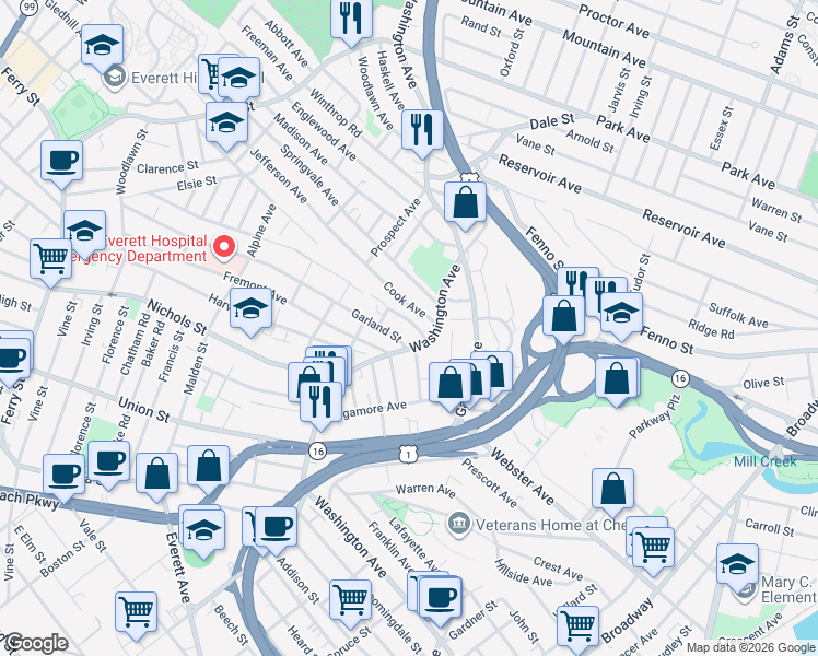 map of restaurants, bars, coffee shops, grocery stores, and more near 45 Kimball Road in Chelsea