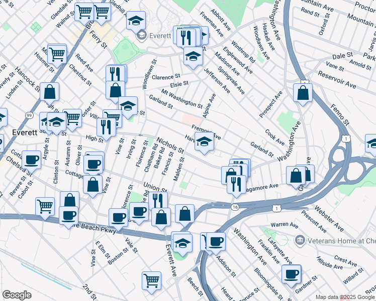 map of restaurants, bars, coffee shops, grocery stores, and more near 79 Harvard Street in Everett