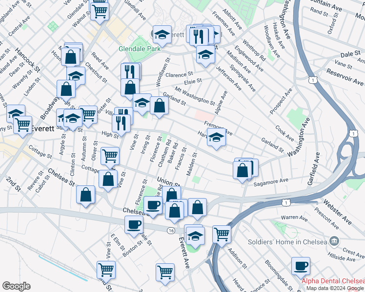 map of restaurants, bars, coffee shops, grocery stores, and more near 104 Nichols Street in Everett