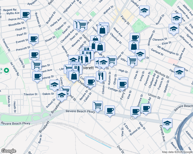 map of restaurants, bars, coffee shops, grocery stores, and more near 48 Argyle Street in Everett