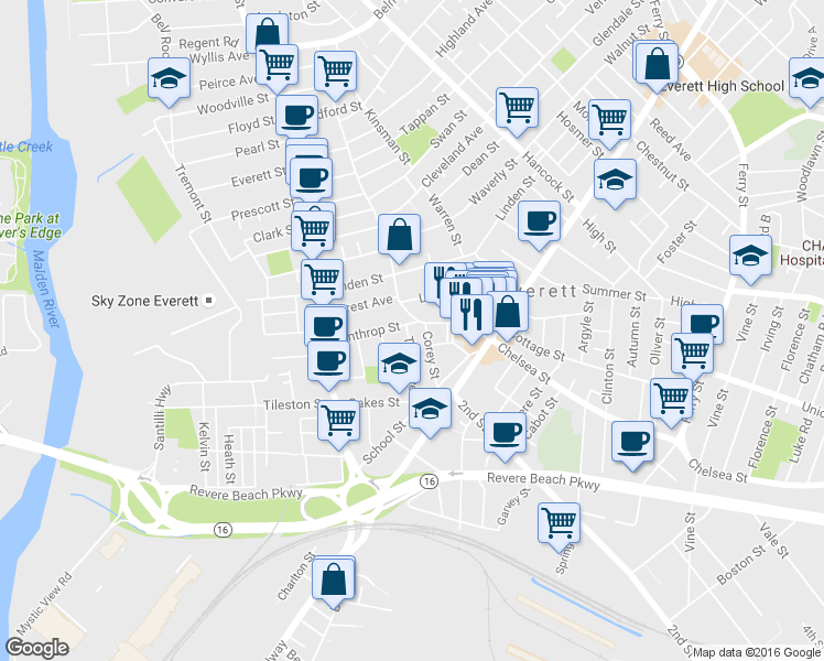 map of restaurants, bars, coffee shops, grocery stores, and more near 17 Liberty Street in Everett
