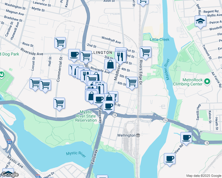 map of restaurants, bars, coffee shops, grocery stores, and more near 167 Middlesex Avenue in Medford