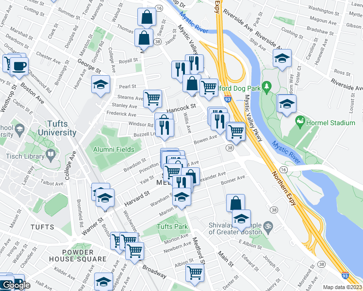 map of restaurants, bars, coffee shops, grocery stores, and more near 32 Billings Avenue in Medford