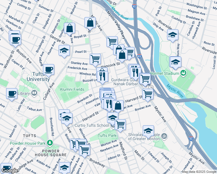 map of restaurants, bars, coffee shops, grocery stores, and more near 32 Billings Avenue in Medford