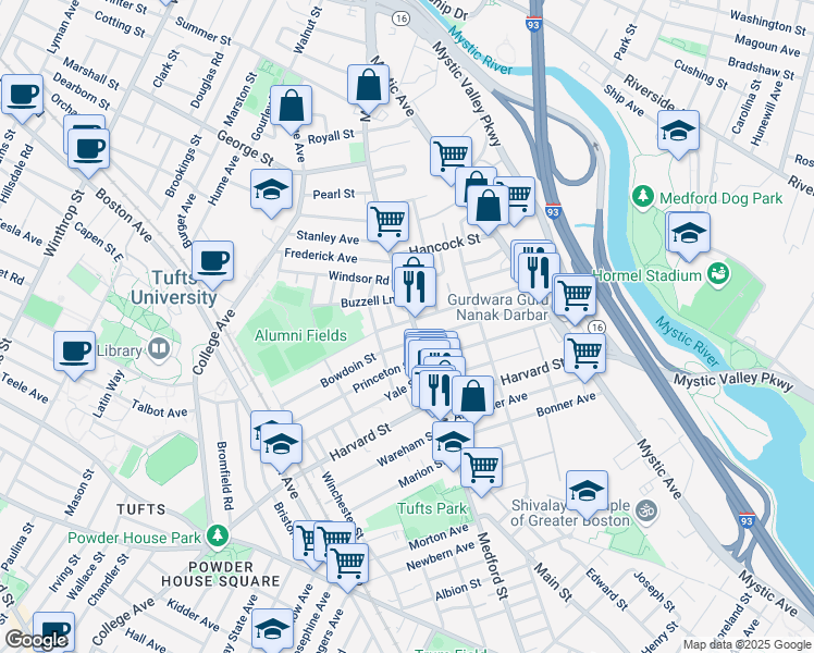 map of restaurants, bars, coffee shops, grocery stores, and more near 308 Main Street in Medford