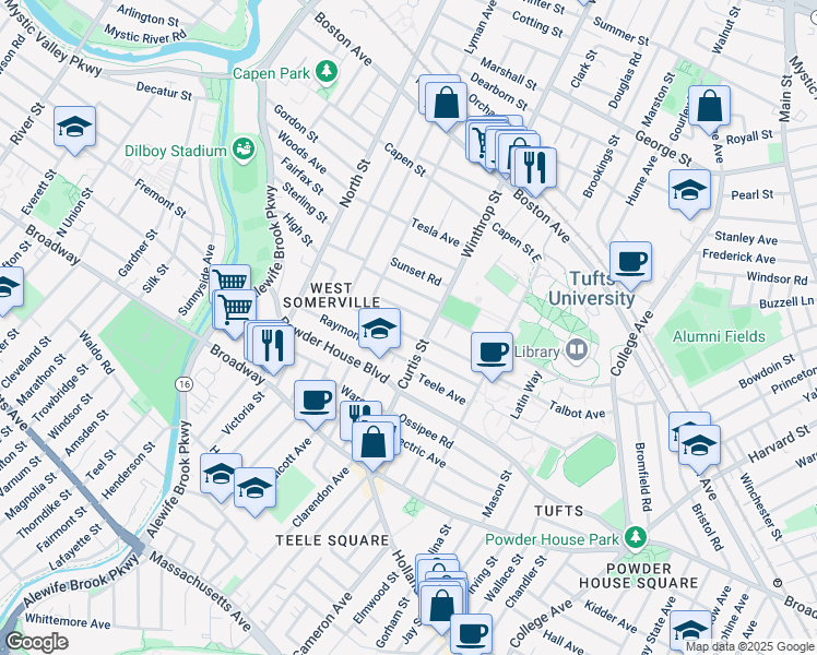 map of restaurants, bars, coffee shops, grocery stores, and more near 27 Curtis Avenue in Somerville