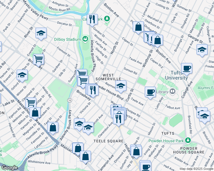 map of restaurants, bars, coffee shops, grocery stores, and more near in Somerville