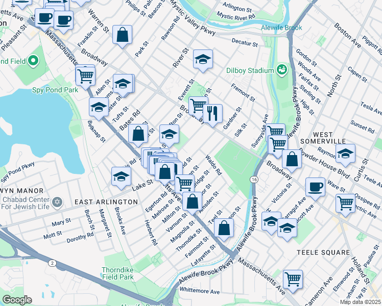 map of restaurants, bars, coffee shops, grocery stores, and more near 64 Cleveland Street in Arlington