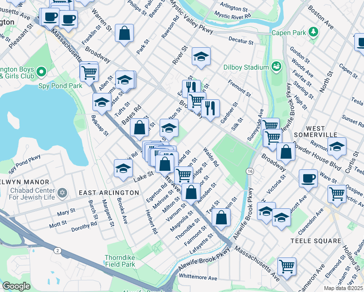 map of restaurants, bars, coffee shops, grocery stores, and more near 34 Winter Street in Arlington