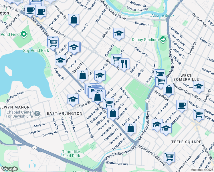map of restaurants, bars, coffee shops, grocery stores, and more near 34 Winter Street in Arlington