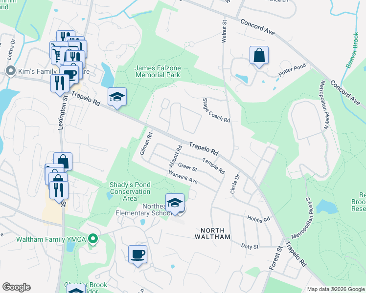 map of restaurants, bars, coffee shops, grocery stores, and more near 132 Clocktower Drive in Waltham
