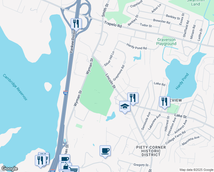 map of restaurants, bars, coffee shops, grocery stores, and more near in Waltham