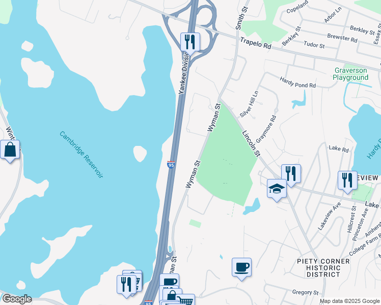 map of restaurants, bars, coffee shops, grocery stores, and more near Yankee Division Hwy in Waltham