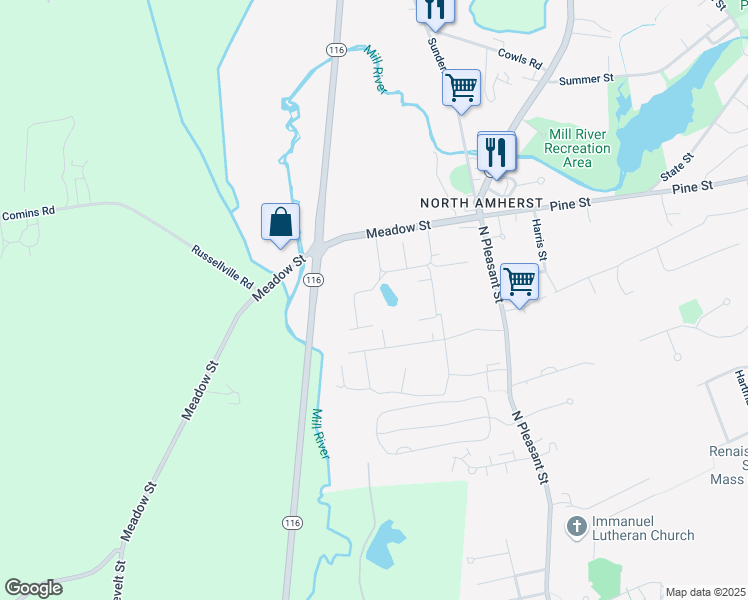 map of restaurants, bars, coffee shops, grocery stores, and more near 50 Meadow Street in Amherst