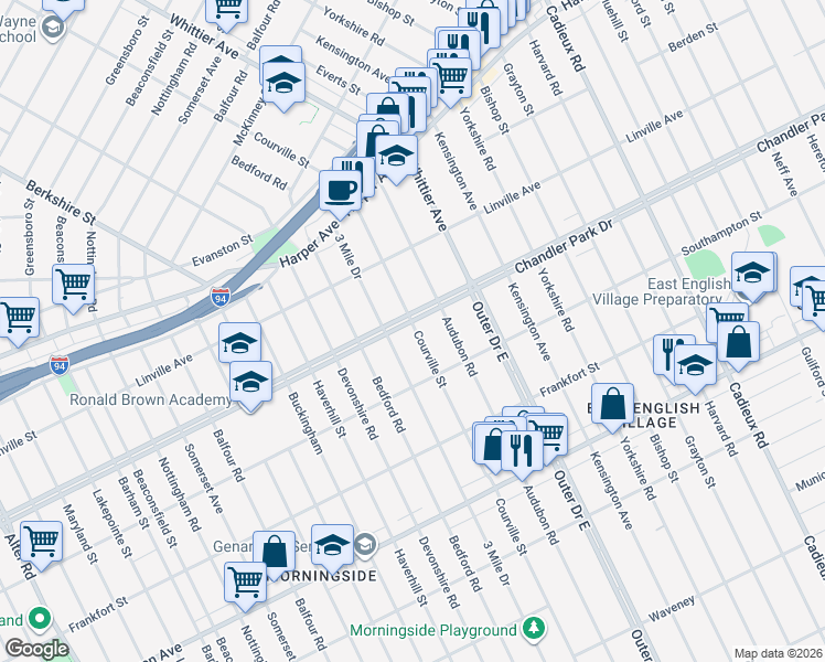 map of restaurants, bars, coffee shops, grocery stores, and more near 11851 Outer Drive East in Detroit