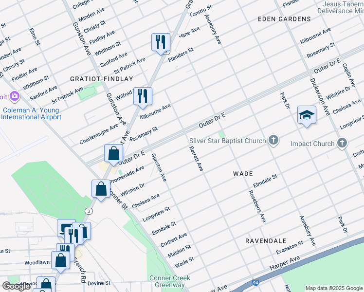 map of restaurants, bars, coffee shops, grocery stores, and more near 8350 Outer Drive East in Detroit