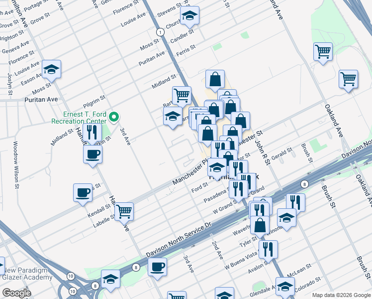 map of restaurants, bars, coffee shops, grocery stores, and more near 158 Town Center Drive in Highland Park