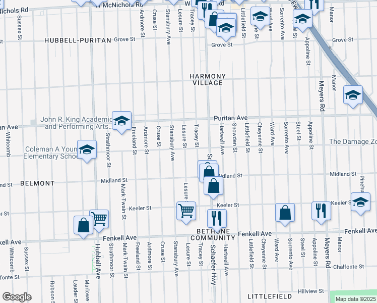 map of restaurants, bars, coffee shops, grocery stores, and more near 15832 Lesure Street in Detroit
