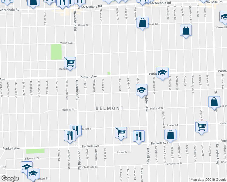 map of restaurants, bars, coffee shops, grocery stores, and more near 15861 Coyle Street in Detroit