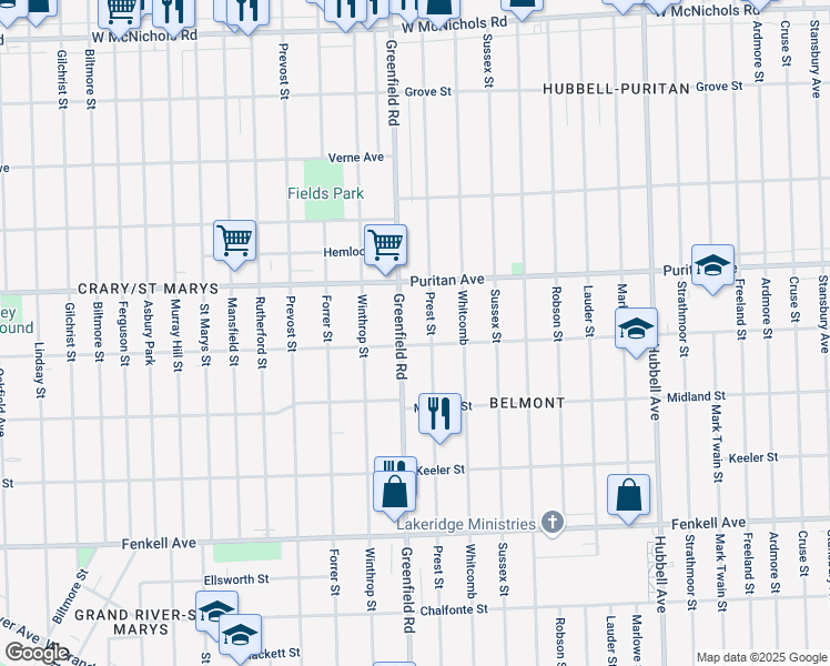 map of restaurants, bars, coffee shops, grocery stores, and more near 15888 Greenfield Road in Detroit