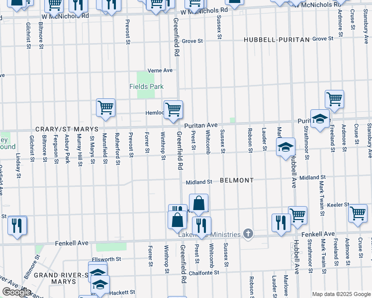 map of restaurants, bars, coffee shops, grocery stores, and more near 15888 Greenfield Road in Detroit