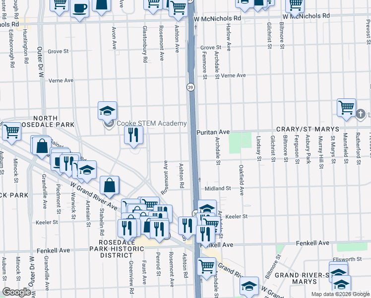 map of restaurants, bars, coffee shops, grocery stores, and more near 15955 Ashton Road in Detroit