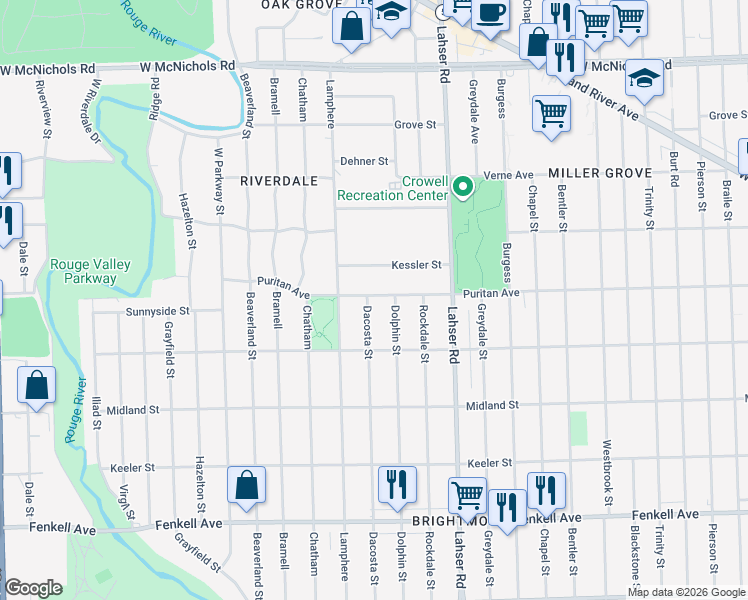 map of restaurants, bars, coffee shops, grocery stores, and more near 22181 Kessler Street in Detroit