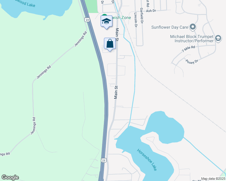 map of restaurants, bars, coffee shops, grocery stores, and more near 8445 Main Street in Whitmore Lake