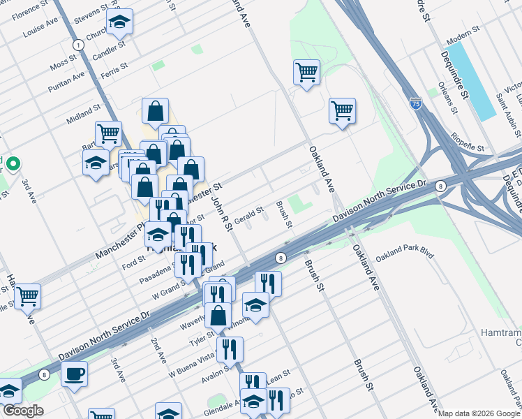 map of restaurants, bars, coffee shops, grocery stores, and more near 155 Gerald Street in Highland Park