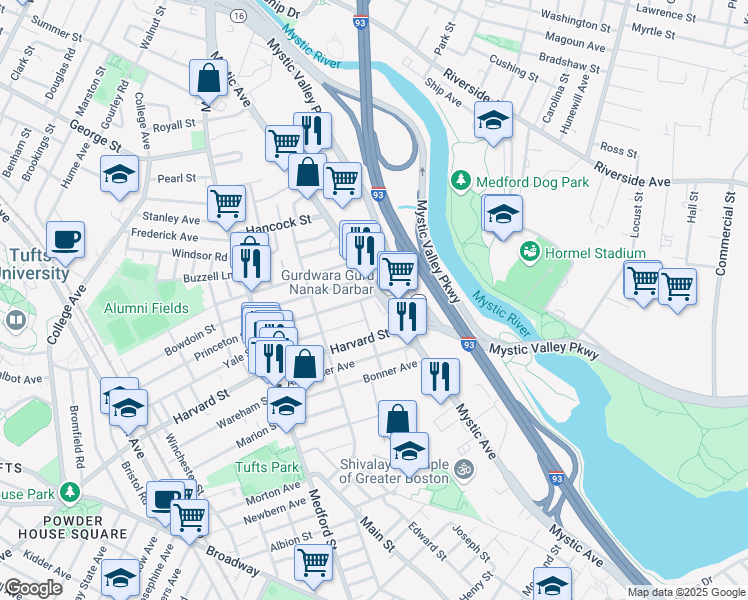 map of restaurants, bars, coffee shops, grocery stores, and more near 221 Mystic Avenue in Medford