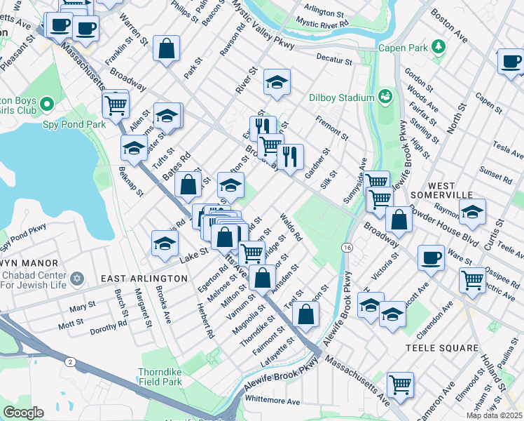 map of restaurants, bars, coffee shops, grocery stores, and more near 46 Cleveland Street in Arlington