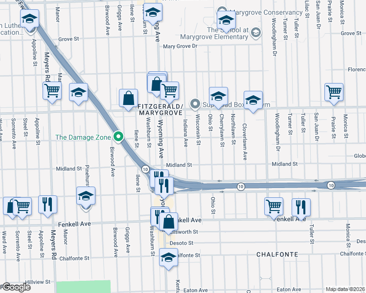 map of restaurants, bars, coffee shops, grocery stores, and more near 15800 Kentucky Street in Detroit