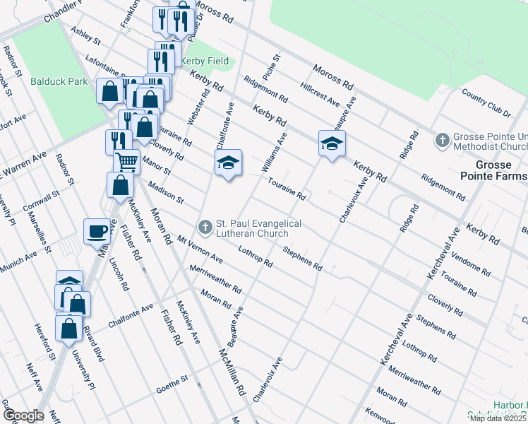 map of restaurants, bars, coffee shops, grocery stores, and more near 332 Cloverly Road in Grosse Pointe Farms