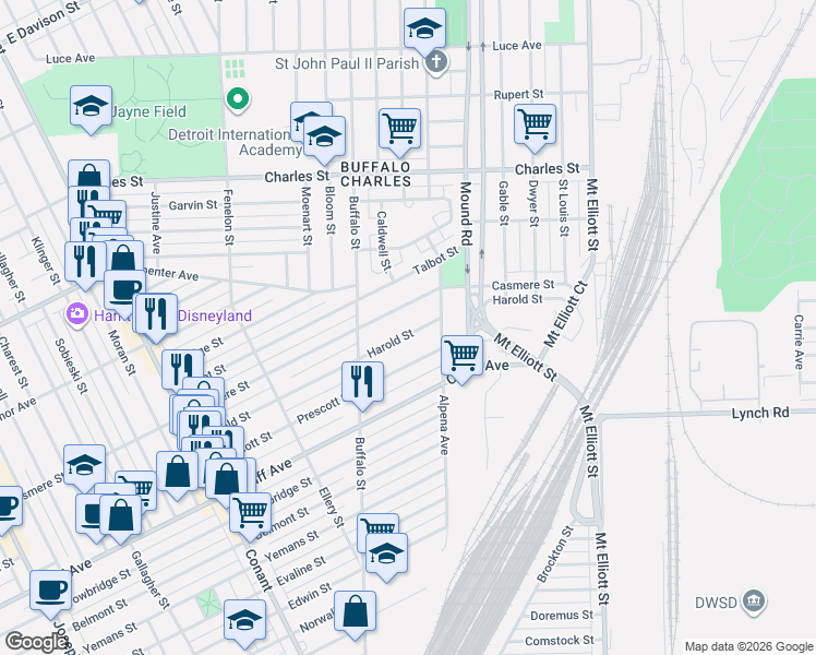 map of restaurants, bars, coffee shops, grocery stores, and more near 5575 Casmere Street in Hamtramck