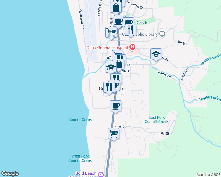 map of restaurants, bars, coffee shops, grocery stores, and more near in Gold Beach