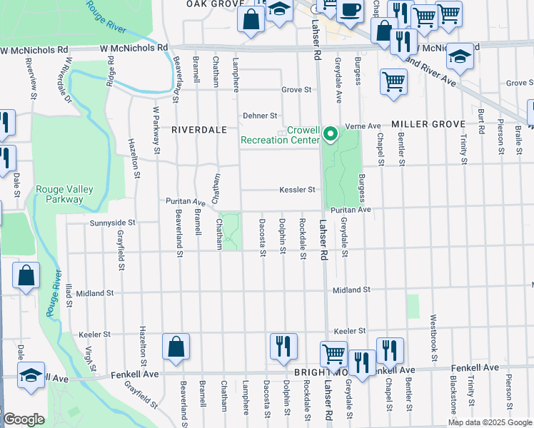 map of restaurants, bars, coffee shops, grocery stores, and more near 22181 Kessler Street in Detroit