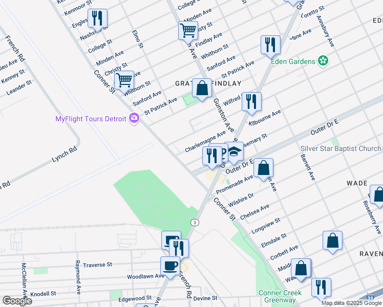 map of restaurants, bars, coffee shops, grocery stores, and more near 11070 Glenfield Avenue in Detroit