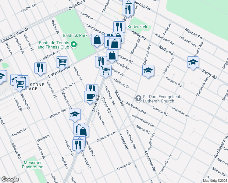 map of restaurants, bars, coffee shops, grocery stores, and more near 458 Moran Road in Grosse Pointe Farms