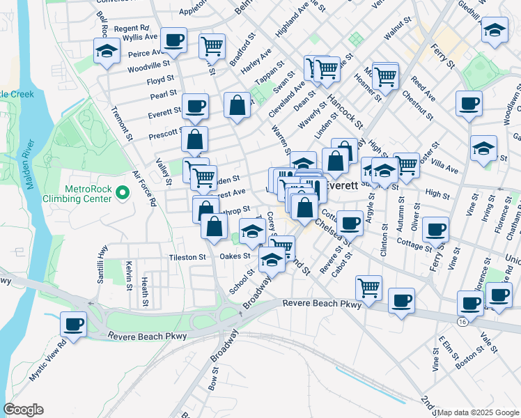 map of restaurants, bars, coffee shops, grocery stores, and more near 17 Liberty Street in Everett