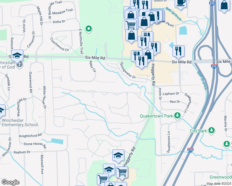 map of restaurants, bars, coffee shops, grocery stores, and more near 39539 Village Run Drive in Northville